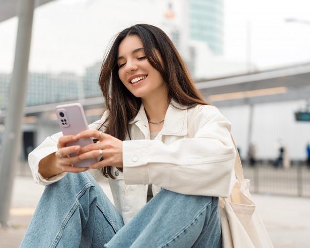 Lady reads something on phone